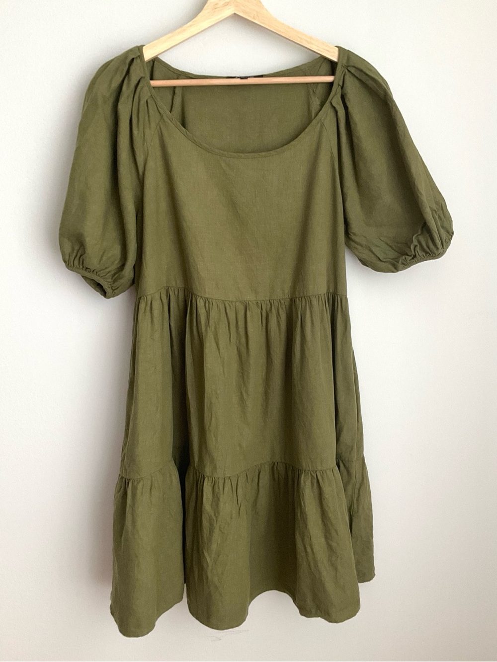 Madewell (Re)sponsible Medium Tiered Puff-Sleeve Olive Green Babydoll Dress EUC - Picture 3 of 9